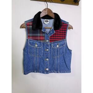 Vintage 90s Threads on Threads Denim Vest S/M Plaid Patchwork Jean Vest Faux